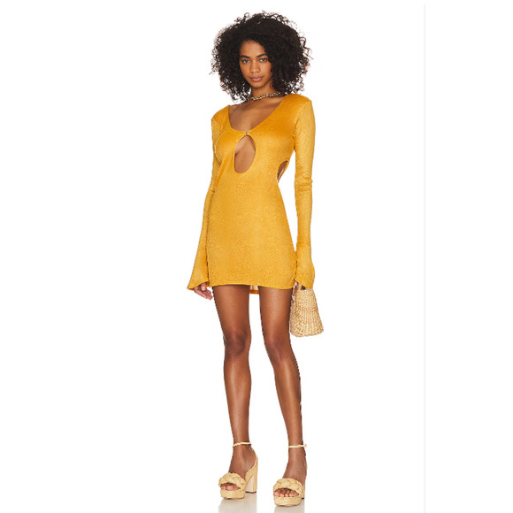 Savannah Morrow Mustard Long Sleeve Keyhole Side Cut Outs Bamboo Mini Dress SM - Picture 8 of 8